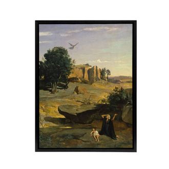 Artery8 Camille Corot Hagar & Her Son in the Wilderness Framed Canvas Art | Size: W24 x H32