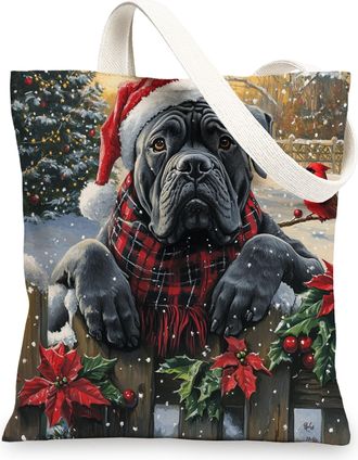 Generic Christmas Cane Corso Dog Canvas Tote Bag for Shopping 13x15, Xmas Farmhouse Cardinal Puppy Reusable Grocery Print Bag for Women Men, Holiday Pet Aesth