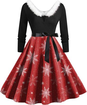 Generic Christmas Dress Womens V Neck Long Sleeve Winter Dress Elegant Perfect Party Printed Xmas Costume Swing Dresses Womens Christmas Sweatshirt Outfits Sw