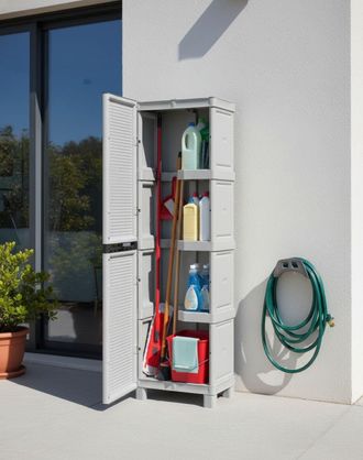 Dmora Dmora Armario De Puertas Al Aire Libre O Interior, Gabinete De 1 Puerta Y 3 Estantes De Polipropileno, 100% Made In Italy, 50x39h172 Cm, Color Gris Cl