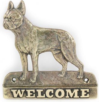 OEM Boston Terrier, Boston Bull Terrier: Placa De Bienvenida De Lat&oacute;n Con Un Perro, Placa De Bienvenida &Uacute;nica Con La Inscripci&oacute;n Welcome De Art-dog