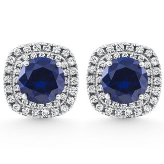 Pompeii3 2.65Ct Cushion Halo Blue Sapphire Diamond Studs 14k White Gold Earring Lab Grown