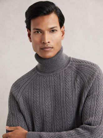 Reiss Mid Grey Melange Cable-knit Roll-neck Jumper With Wool, Xxl
