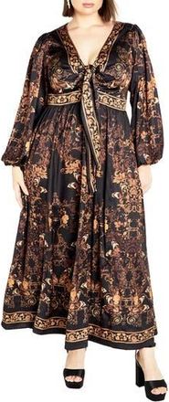 City Chic Ivanna Scarf Print Long Sleeve Maxi Dress in Gold Opulent at Nordstrom Rack, Size 14W