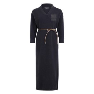 PESERICO Lange Gebreide Jurk - Dames - Kleedjes - Zwart - L - Kasjmier - Kleedjes