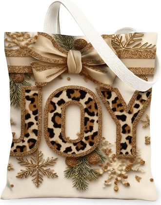 Generic Winter Joy Canvas Tote Bags, Chic Leopard Print Reusable Grocery Bags, Elegant Lightweight Washable Shoulder Strap Canvas F, Beige, 13x15 Inch
