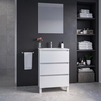 Saniclass Chaci PLUS Badkamermeubelset - 60x86x46cm - keramische wastafel wit - 1 ovale wasbak - 1 kraangat - 3 lades - rechthoekige spiegel - mat wit
