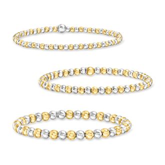 RS Pure by Ross-Simons Italian Sterling Silver and 18kt Gold Over Sterling Jewelry Set: 3 3-5mm Bead Stretch Bracelets