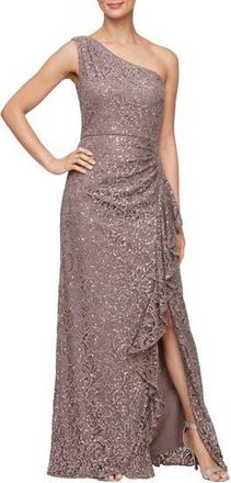 Alex Evenings One-Shoulder Sequin Lace A-Line Gown in Mocha at Nordstrom Rack, Size 10