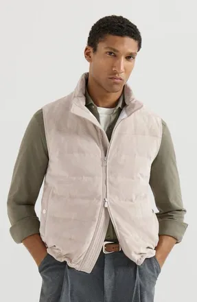 Brunello Cucinelli Suede down vest with packable hood in Light Brown at Nordstrom, Size Xxx-Large