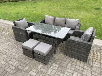 Fimous Dark Grey PE Rattan Garden Furniture Set 3 Seater Lounge Sofa Reclining Chair Outdoor Rectangular Dining Table