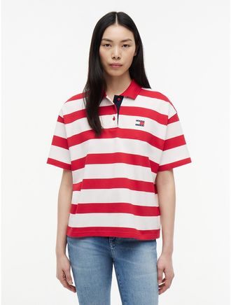 Tommy Hilfiger Womens Tommy Jeans Relaxed Fit Striped Polo - Amaryllis Red / Stripe - XS