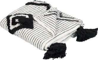 Beliani Beliani - Manta Blanco Negro 130 X 150 Cm Poli&eacute;ster Pet Hecho A Mano Borlas Saatli