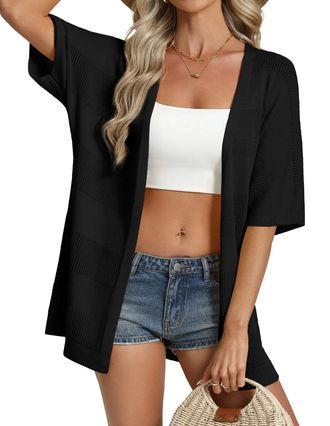 Grace Karin Cardigans for Women UK Summer Boho Crochet Hollow Kimono Cardigan Loose Open Front Short Sleeve Beach Coverups XL Black