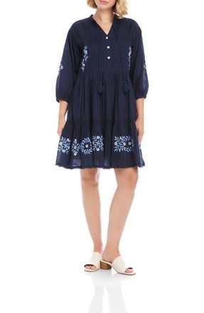 Karen Kane Floral Embroidered Tassel Cotton Dress in Navy at Nordstrom, Size X-Small