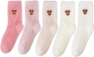 Generic Fuzzy Highland Cow Socks, 5 Pairs Cute Embroidered Highland Cow Crew Sock Winter Warm Soft Indoor Slipper Socks for Women (B)