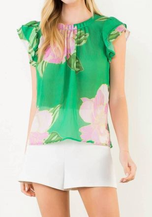 THML Clothing Womens Floral Print Flutter Sleeve Blouse In Green Pink