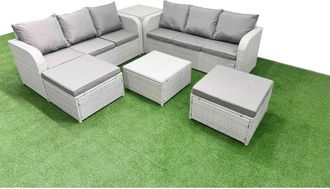 Fimous Outdoor Garden Furniture Sets 8 Seater Wicker Rattan Furniture Sofa Sets with Square Coffee Table high Back Lounge Sofa Stools Side Table Light Grey