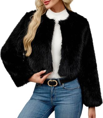 Generic Womens Faux Fur Coat Winter Warm Cropped Jacket Long Sleeve Shaggy Cardigan Fluffy Coats Short Artificial Fur Overcoat Open Front Outwear Elegant Plus