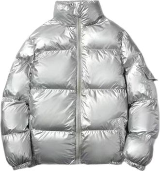 Generic Winter Puffer Jackets for Men Metallic Shiny Quilted Bubble Coats Zip Up Stand Collar Warm Thicken Padded Outerwear Silver