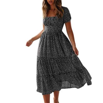 Generic Petite Dresses for Women UK, Puff Sleeves Square Neck Midi Floral Dresses, Ladies Flowy Chiffon Casual Beach Holiday Sundress Sun Dress for Women UK B