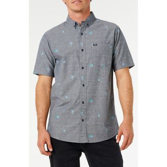 Rip Curl Skelly Breach Tropical Print Short Sleeve Cotton Chambray Button-Down Shirt in Dark Navy at Nordstrom, Size Xx-Large