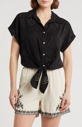 Elie Tahari Embroidered Eyelet Short Sleeve Tie Front Shirt in Black/Black at Nordstrom Rack, Size X-Large