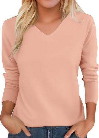Generic Womens V Neck Jumpers Casual Ladies Sweaters Long Sleeve Tops Pullover Loose Fit Chunky Knitted T-Shirts,Pink,M