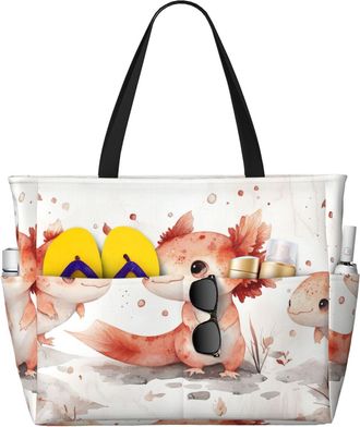 Generic Cute Axolotl Print Large Beach Bag Foldable Travel Shoulder Tote Bag With Pocket For Weekender Pool Vacation