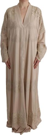 Dolce & Gabbana Elegante Abaya Jurk met Lange Mouwen- Kantdetails en V-hals - Dames - Maxi kleedjes - Beige - 2XL - Kleedjes