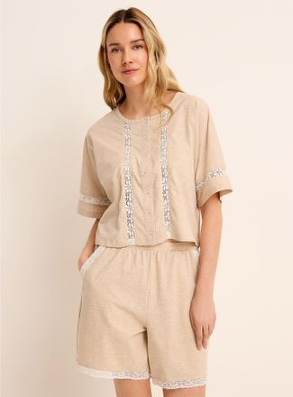 Miiyu Womens Lace-accent Supima cotton buttonned boxy T-shirt