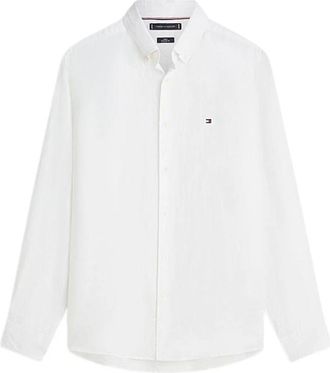 Tommy Hilfiger Mw 0Mw 41530 Pigment-Dyed Linnen Shirt - Heren - Zakelijke Overhemden - Wit - XL - Linnen - Overhemden