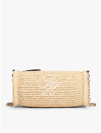 Tommy Hilfiger Womens Script Monogram Raffia Chain Strap Bag - Beige