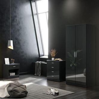 Elegant Lighting Black/Walnut Modern High Gloss Wardrobe and Cabinet Furniture Set Bedroom 2 Doors Wardrobe with Mirror and 4 Drawer Chest and Bedside Cabinet