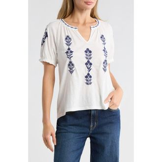 Lucky Brand Embroidered Notch Neck Short Sleeve Tee in White Multi at Nordstrom Rack, Size X-Small