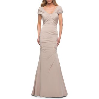 La Femme Lovely Ruched Mermaid Satin Gown with Unique Neckline in Nude at Nordstrom, Size 12