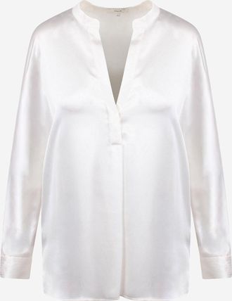 Vince Womens Silk Shirt V-Neck White Sweater