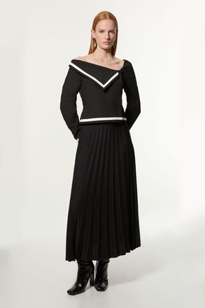 Karen Millen Womens Petite Compact Stretch Asymmetric Neck Colour Block Pleated Tailored Midaxi Dress - Monochrome Multi - Size 10 UK