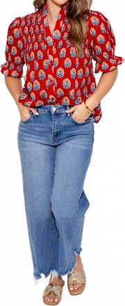 THML Clothing Floral Motif Ruffle Neck Top In Red