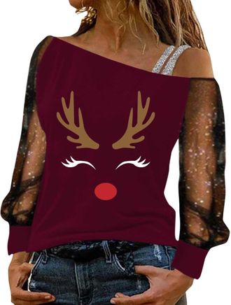 Generic Womens Christmas Jumpers Knitted Reindeer & Snowflake Xmas Off The Shoulder Tops Sweater Funny Novelty Pullover Long Sleeve Christmas Tops for Women S
