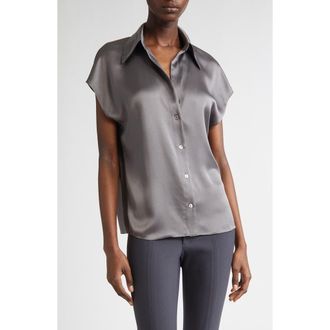 Vince Cap Sleeve Gathered Back Short Sleeve Silk Button-Up Shirt in Wolf at Nordstrom Rack, Size Medium