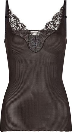 Saint Laurent Lace-trim Ribbed Silk Tank top - Brown - S (UK8-10 / S)