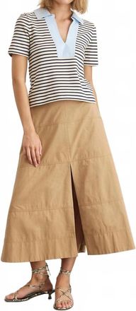 Tanya Taylor Melanie V-Neck Short Sleeve Top In Cream/maritime Blue Thin Stripe