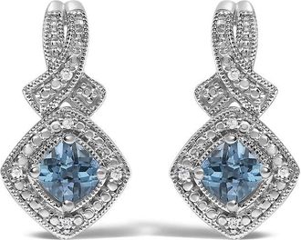House of Brilliance Sterling Silver Cushion Cut Blue Topaz and Diamond Accent Twist Motif Dangle Earrings