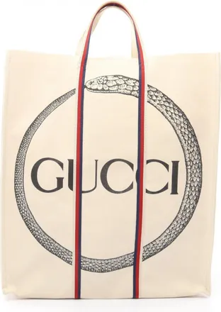 Gucci Ivory Navy Red Color Canvas Handbag Tote Bag (Pre-Owned)