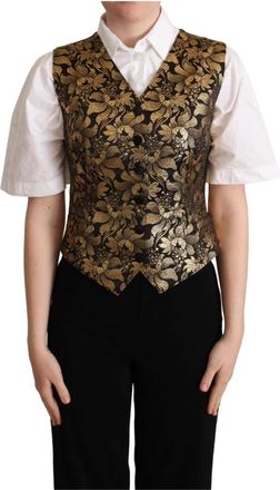 Dolce & Gabbana Zwart Goud Jacquard Zijden Vest - Dames - Gillet - Veelkleurig - M - Katoen - Kostuums