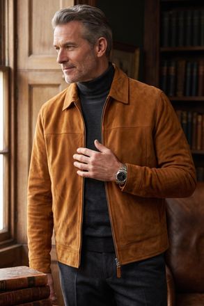 Infinity Leather Heren beige geitensu&egrave;de leren Harrington-motorjas - Ridge
