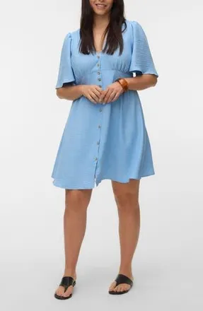 Vero Moda Short Sleeve Button Front Chambray Dress in Chambray Blue Melange at Nordstrom Rack, Size 20W