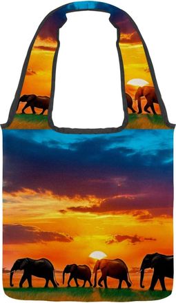 Generic African Elephant Sunset Reversible Canvas Shoulder Tote - Double-Sided Print, 12oz Cotton, 27cm Drop, Fold-Flat Bag for Travel, Shopping, Street Outin