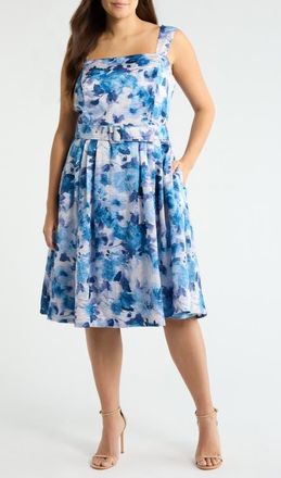Tahari by ASL Floral Print Belted Sleeveless Dress in Blue Multi at Nordstrom, Size 14W